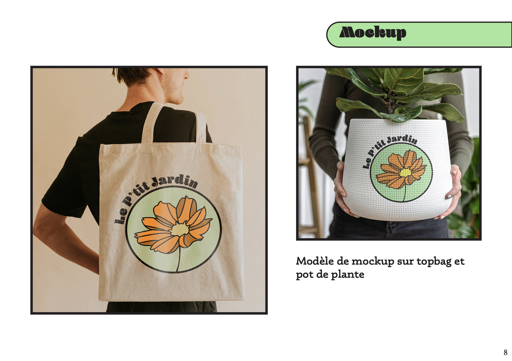 Mockup du logo Le P'tit Jardin sur tote-bag et pot de plante