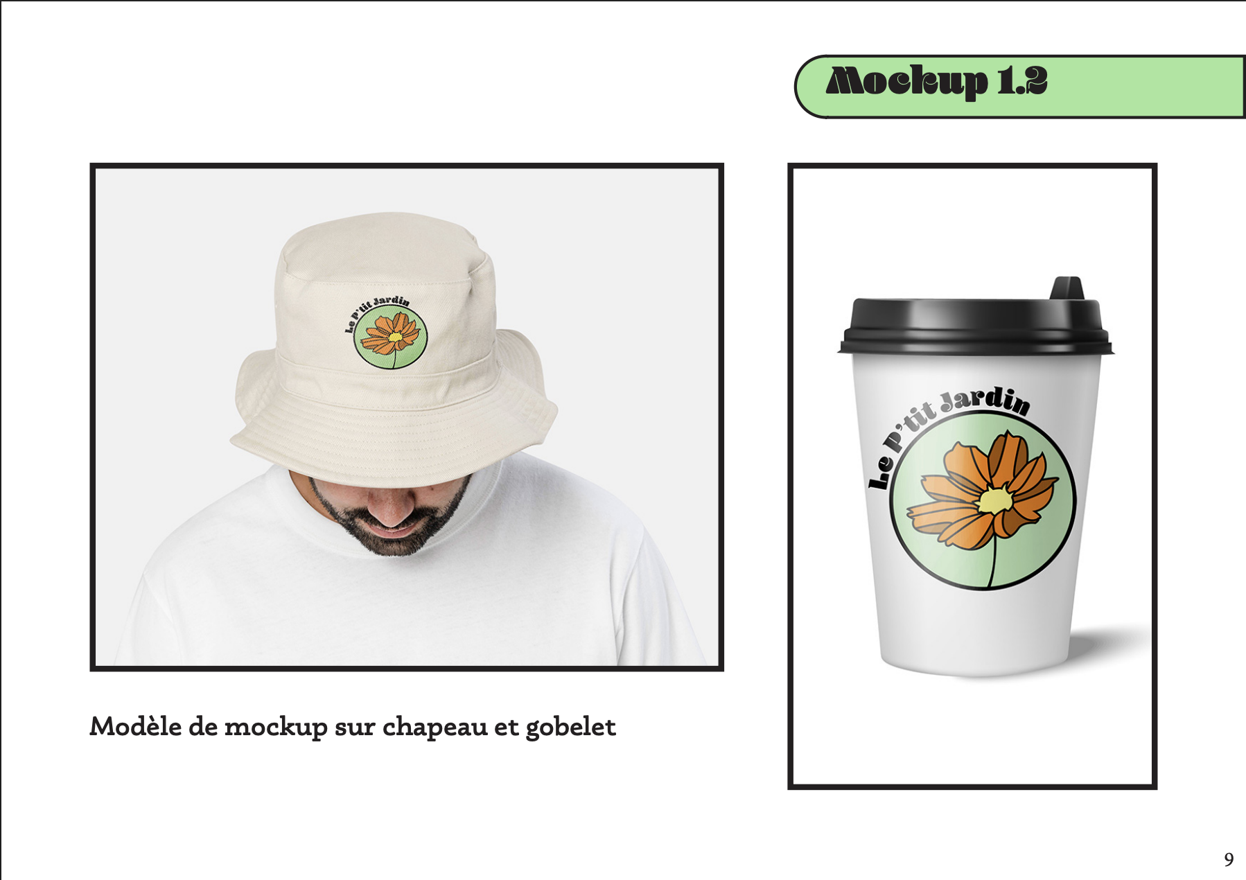 Mockup du logo Le P'tit Jardin sur bob et gobelet