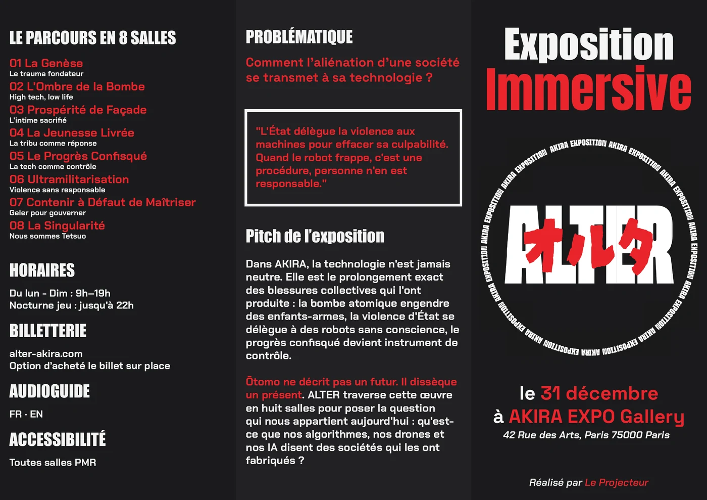 Flyer 3 volets de l'exposition ALTER - programme en 8 salles, problématique, infos pratiques