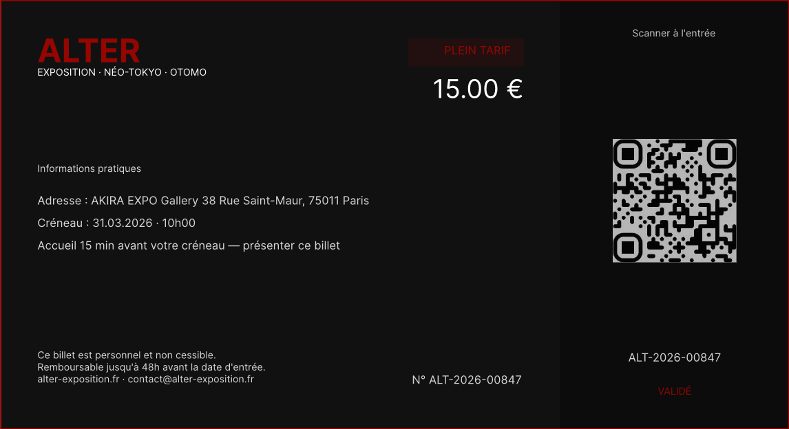 Verso du ticket — QR code et infos pratiques